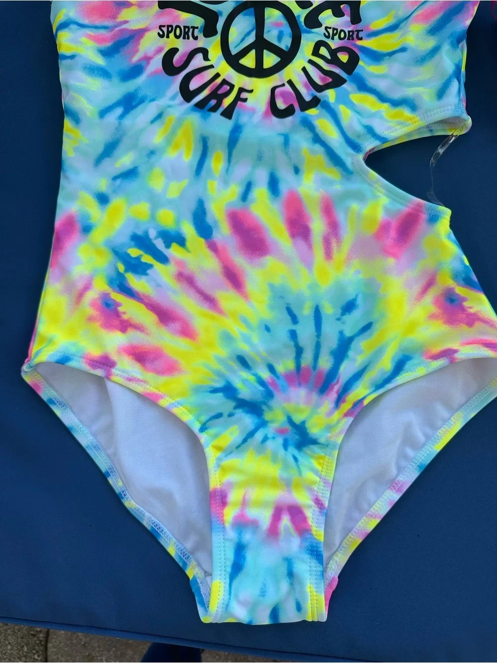 NWT Justice Tie-Dye One-Shoulder Swimsuit in Neon Blue, Yellow & Pink Size 12-14